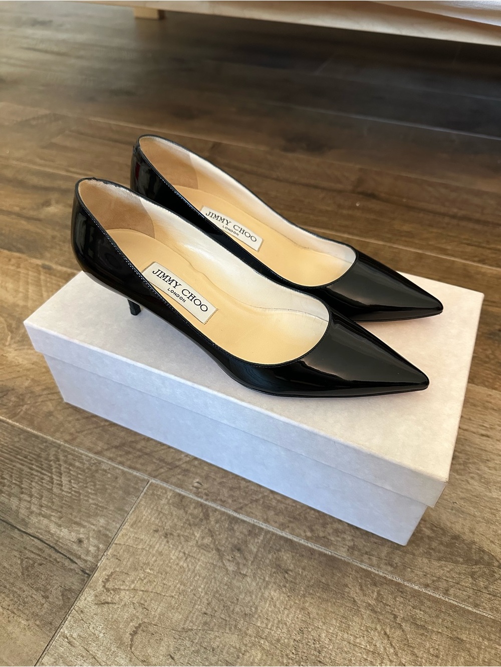 Jimmy Choo Aza Black Patent Leather Pointed Toe Kitten Heels